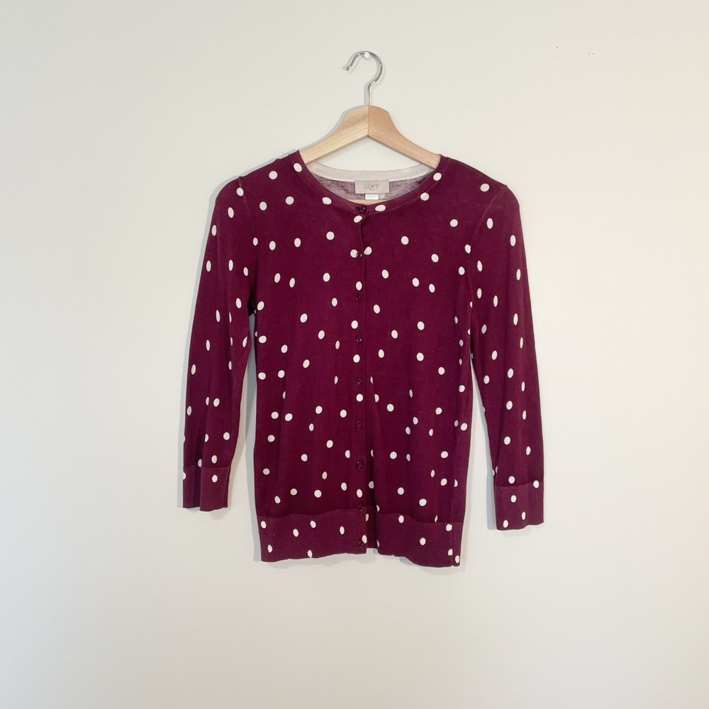 Loft Burgundy Purple Polka Dot Cardigan